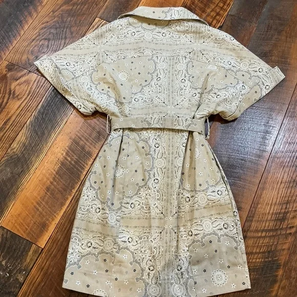 MABLE Tan Paisley Belted Shirt Dress Short Sleeve Button Front Small - Picture 3 of 6